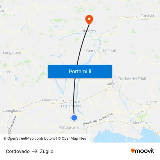 Cordovado to Zuglio map