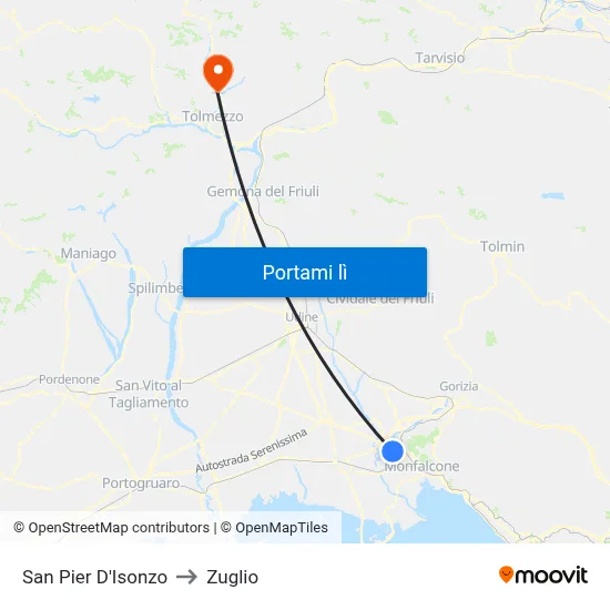 San Pier D'Isonzo to Zuglio map