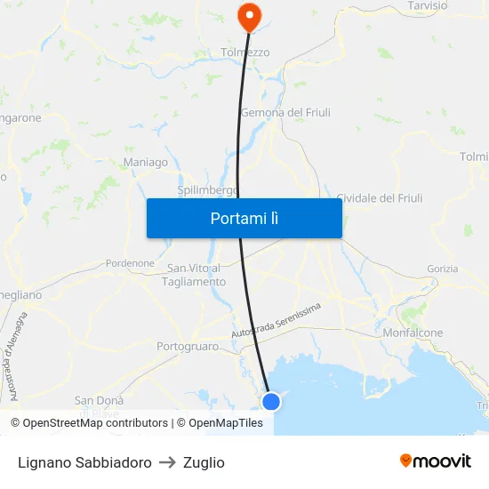 Lignano Sabbiadoro to Zuglio map