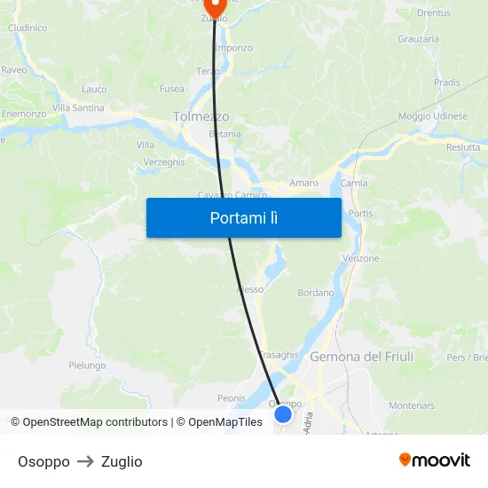 Osoppo to Zuglio map