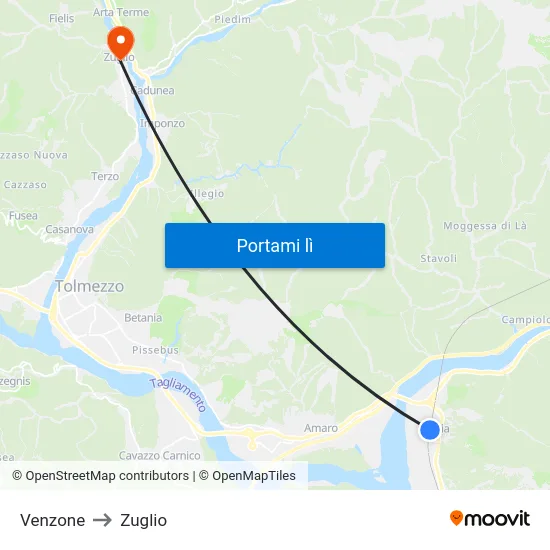 Venzone to Zuglio map