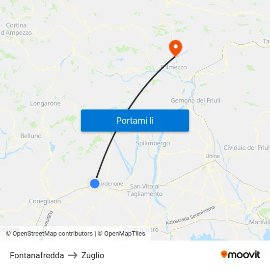 Fontanafredda to Zuglio map