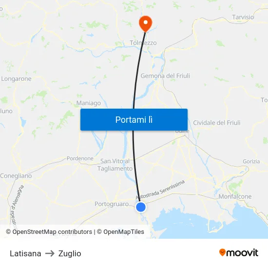 Latisana to Zuglio map