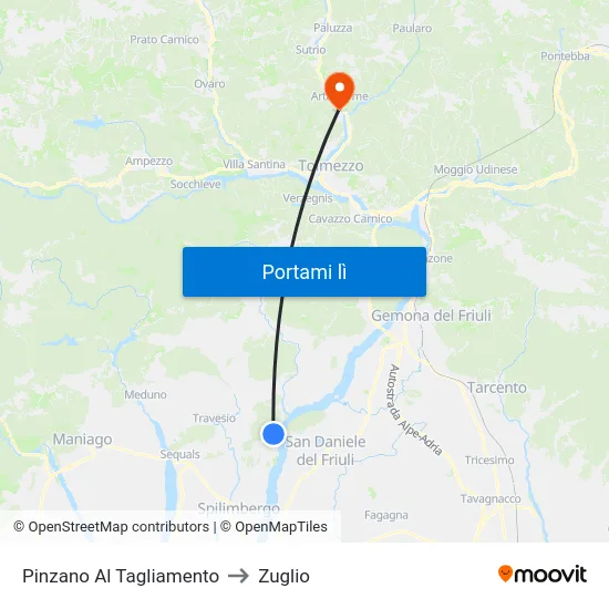 Pinzano Al Tagliamento to Zuglio map