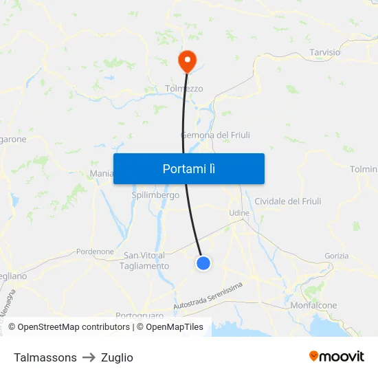 Talmassons to Zuglio map