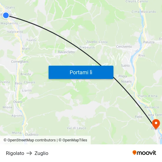 Rigolato to Zuglio map