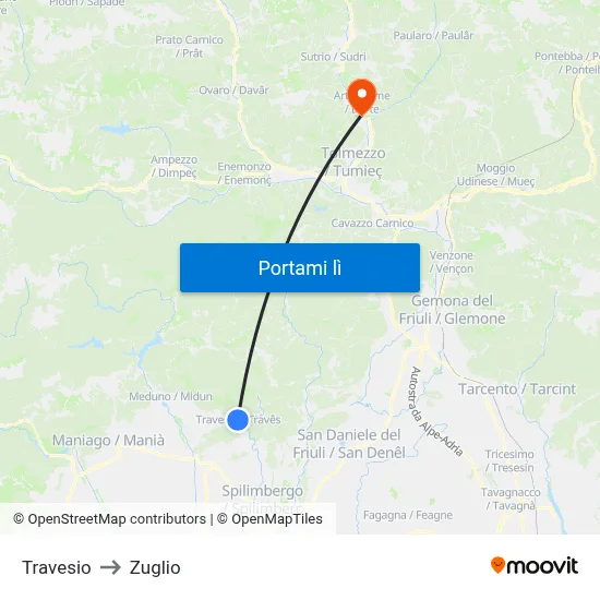 Travesio to Zuglio map