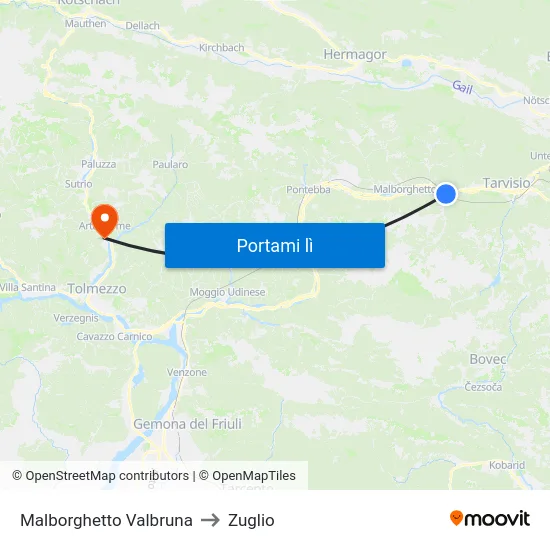 Malborghetto Valbruna to Zuglio map