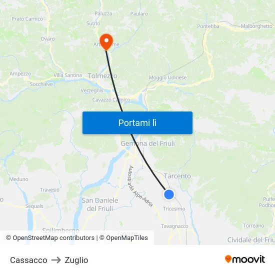 Cassacco to Zuglio map