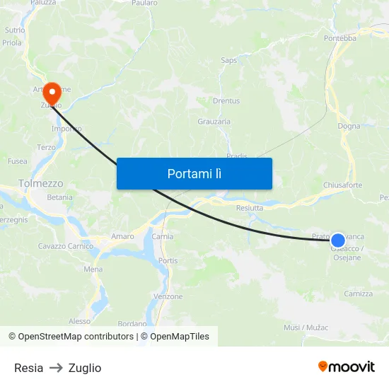 Resia to Zuglio map