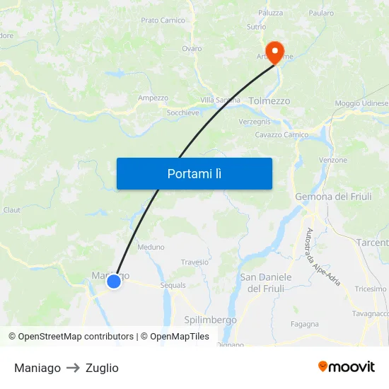 Maniago to Zuglio map