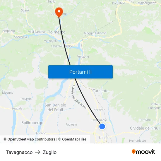 Tavagnacco to Zuglio map