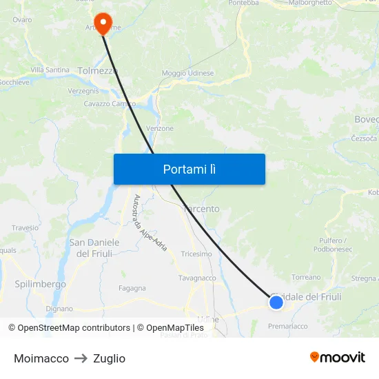 Moimacco to Zuglio map