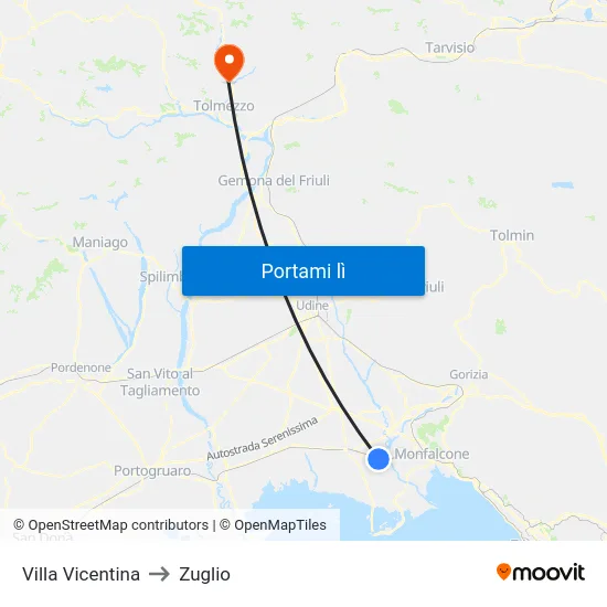 Villa Vicentina to Zuglio map