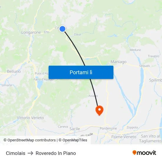 Cimolais to Roveredo In Piano map