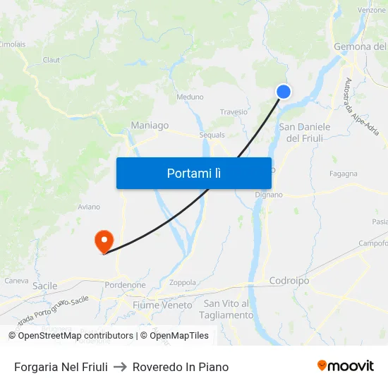 Forgaria Nel Friuli to Roveredo In Piano map