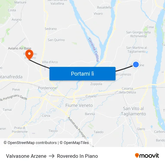 Valvasone Arzene to Roveredo In Piano map