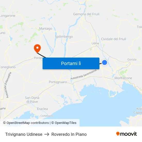 Trivignano Udinese to Roveredo In Piano map