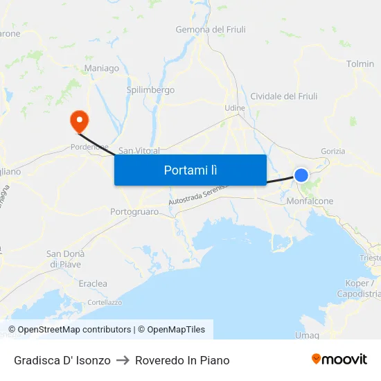Gradisca D' Isonzo to Roveredo In Piano map
