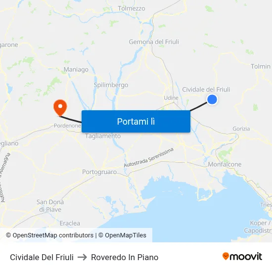 Cividale Del Friuli to Roveredo In Piano map