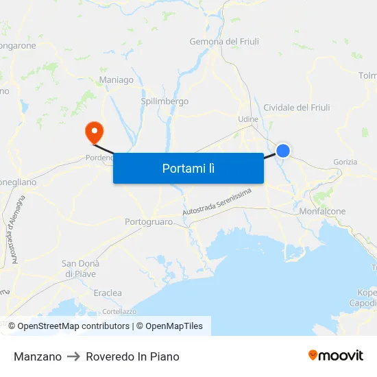 Manzano to Roveredo In Piano map