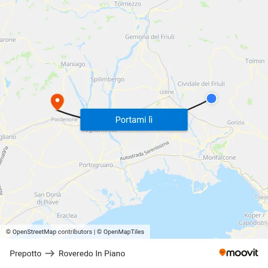 Prepotto to Roveredo In Piano map