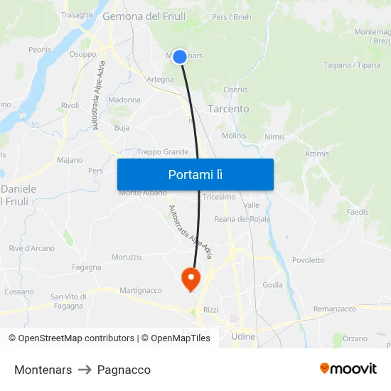 Montenars to Pagnacco map