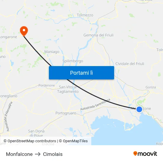 Monfalcone to Cimolais map