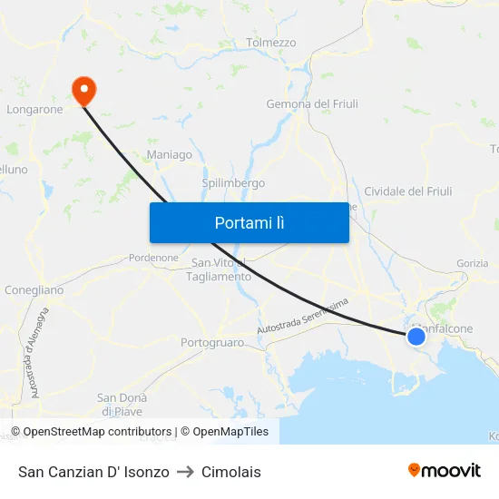 San Canzian D' Isonzo to Cimolais map