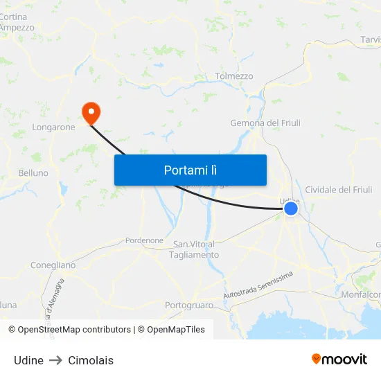 Udine to Cimolais map