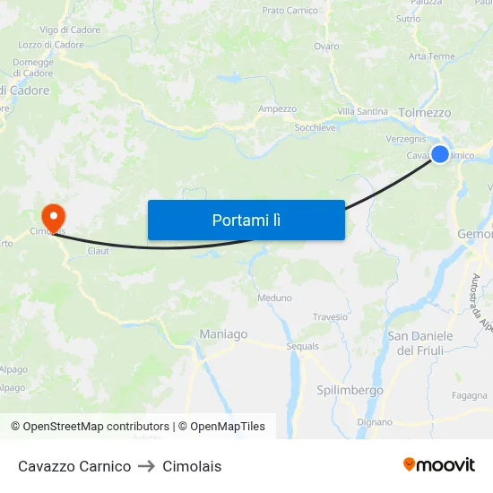 Cavazzo Carnico to Cimolais map