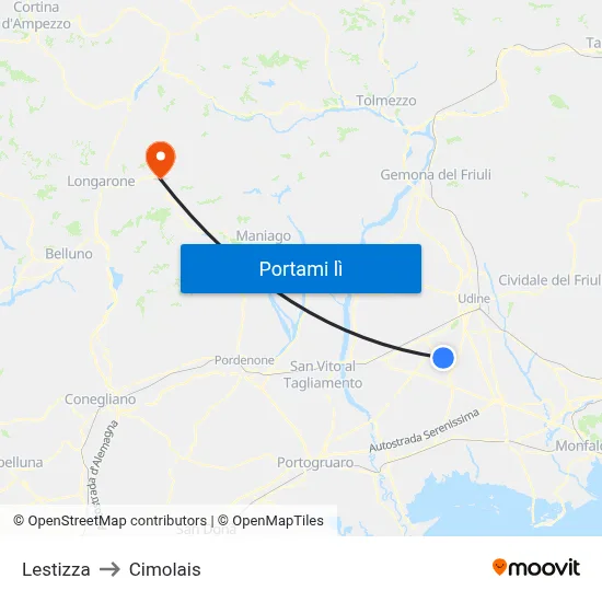 Lestizza to Cimolais map