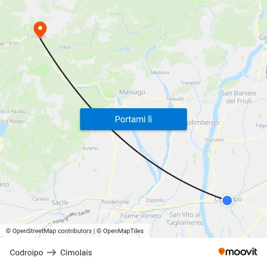 Codroipo to Cimolais map