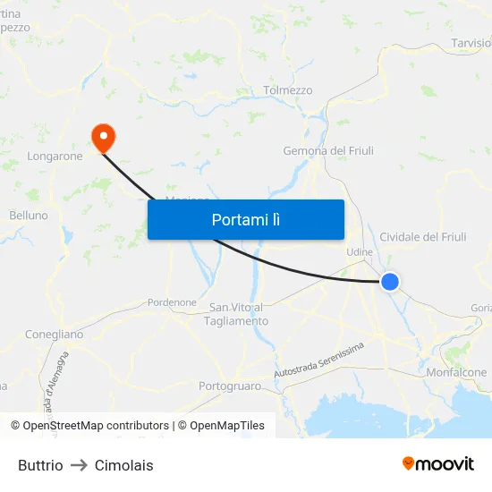 Buttrio to Cimolais map