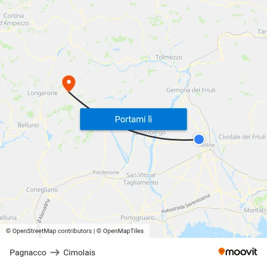 Pagnacco to Cimolais map