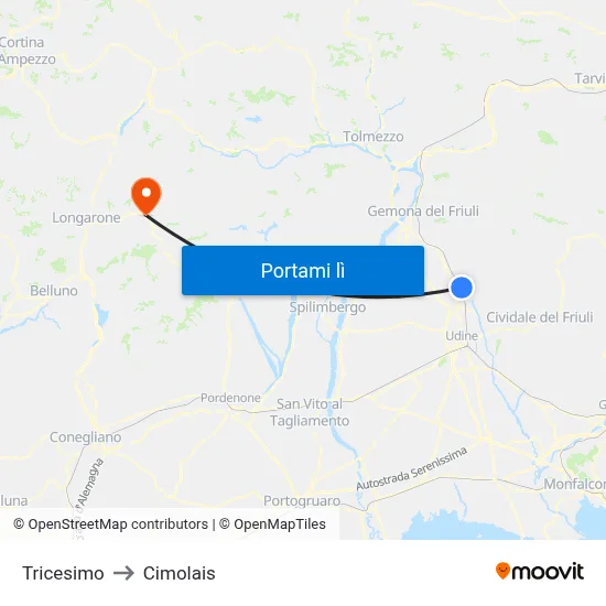 Tricesimo to Cimolais map