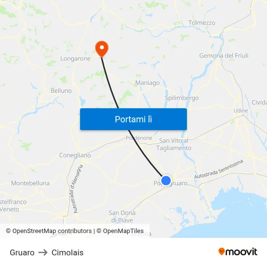 Gruaro to Cimolais map