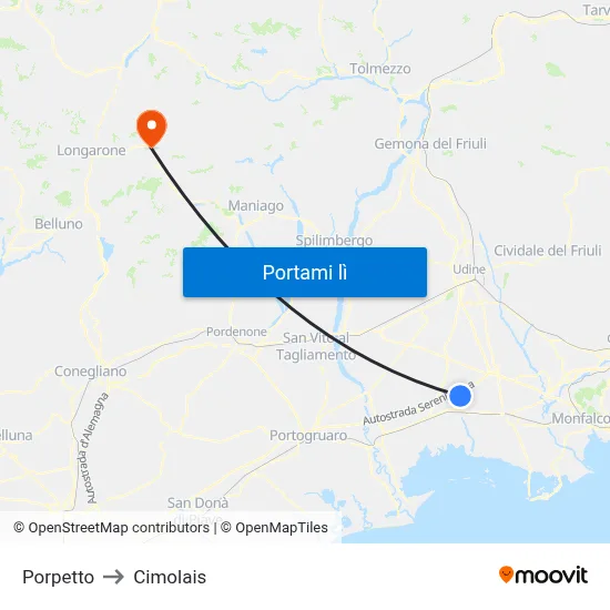 Porpetto to Cimolais map