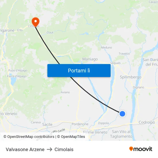 Valvasone Arzene to Cimolais map
