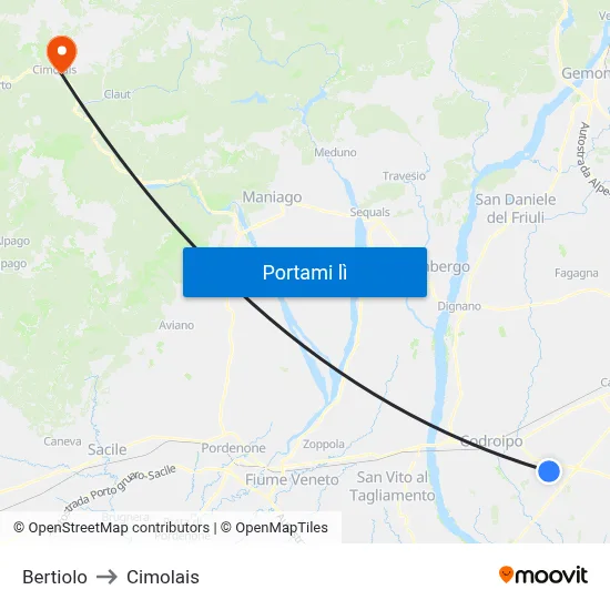 Bertiolo to Cimolais map