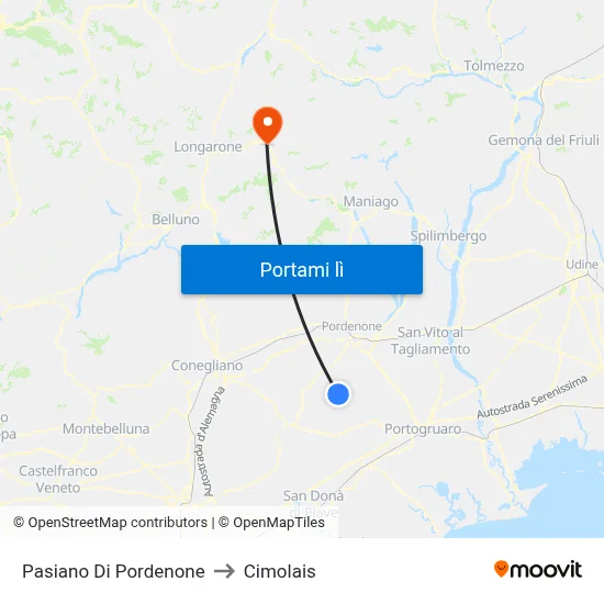 Pasiano Di Pordenone to Cimolais map