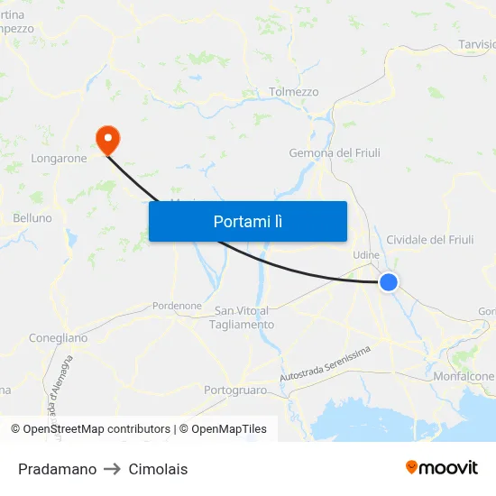 Pradamano to Cimolais map