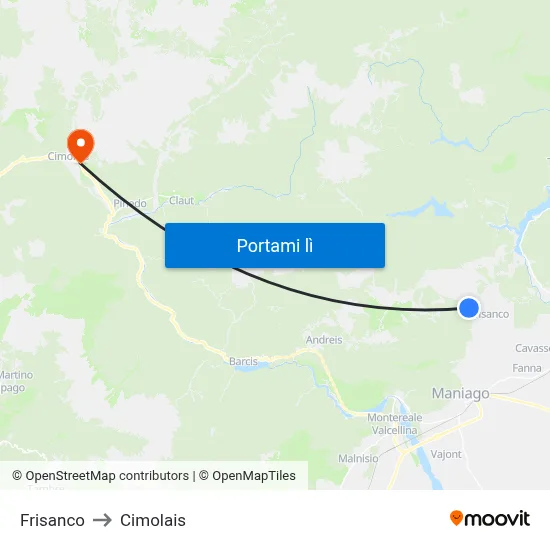 Frisanco to Cimolais map