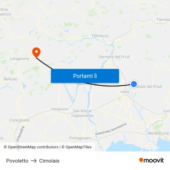 Povoletto to Cimolais map