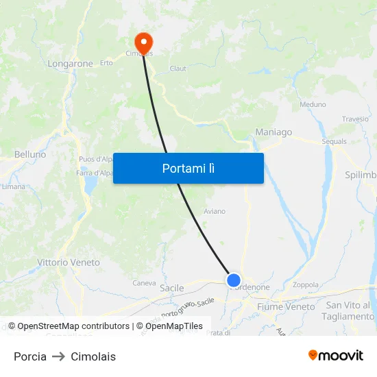 Porcia to Cimolais map