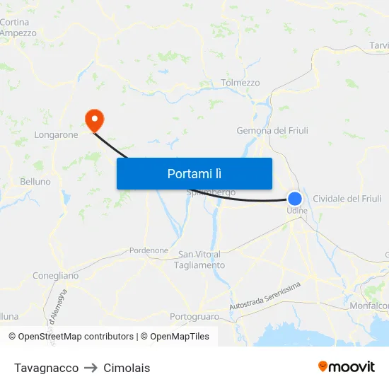 Tavagnacco to Cimolais map