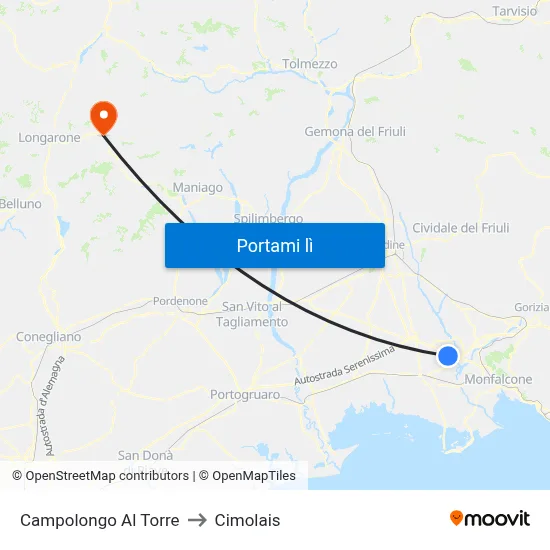 Campolongo Al Torre to Cimolais map