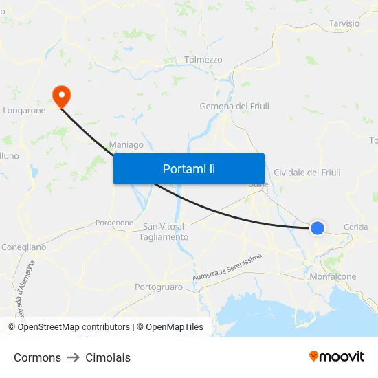 Cormons to Cimolais map