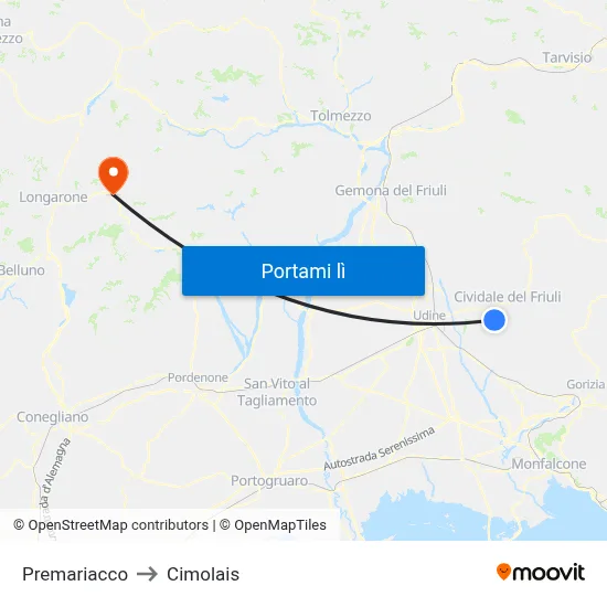 Premariacco to Cimolais map