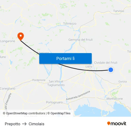 Prepotto to Cimolais map